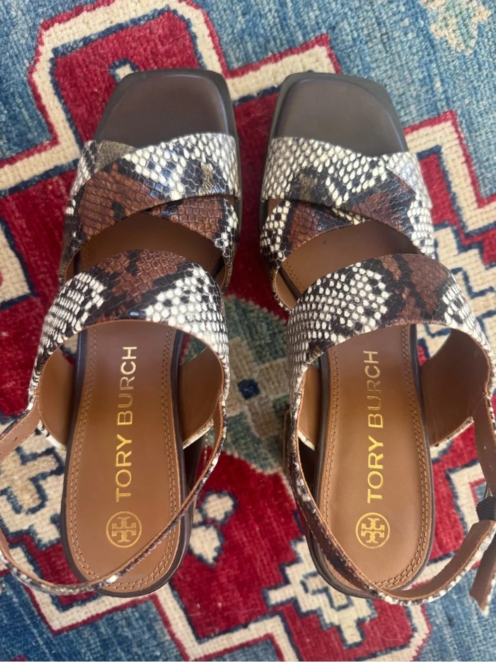 Tory Burch Snake-Print Leather Slingback Sandals — Brown/White/Black